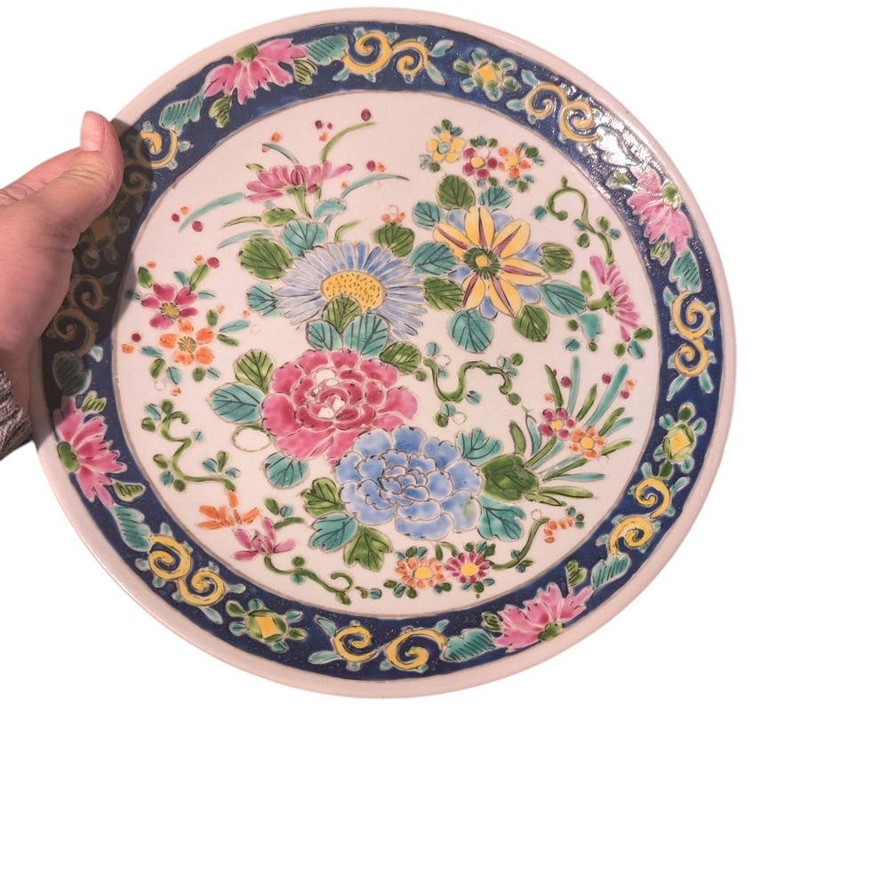 Japanese Vintage Plate with Blue and Pink Accents Hand Paint Nippon - Picture 2 of 4